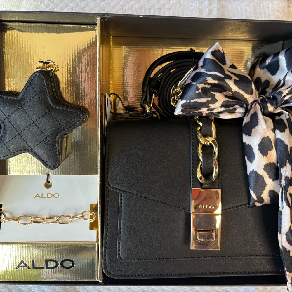 ALDO Black Crossbody Bag with Gold Chain and Animal Print Bow